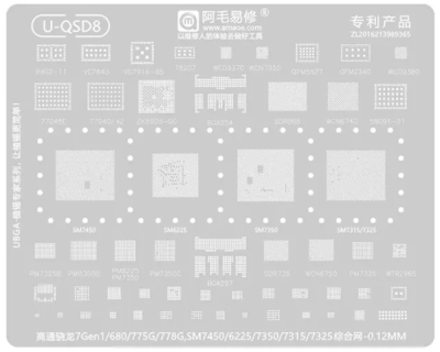 Трафарет - Amaoe "U-QSD8" Snapdragon 775G, 778G, 7Gen 1, 680, SM7350, 7450, 7315, 7325, 6225.  0,12