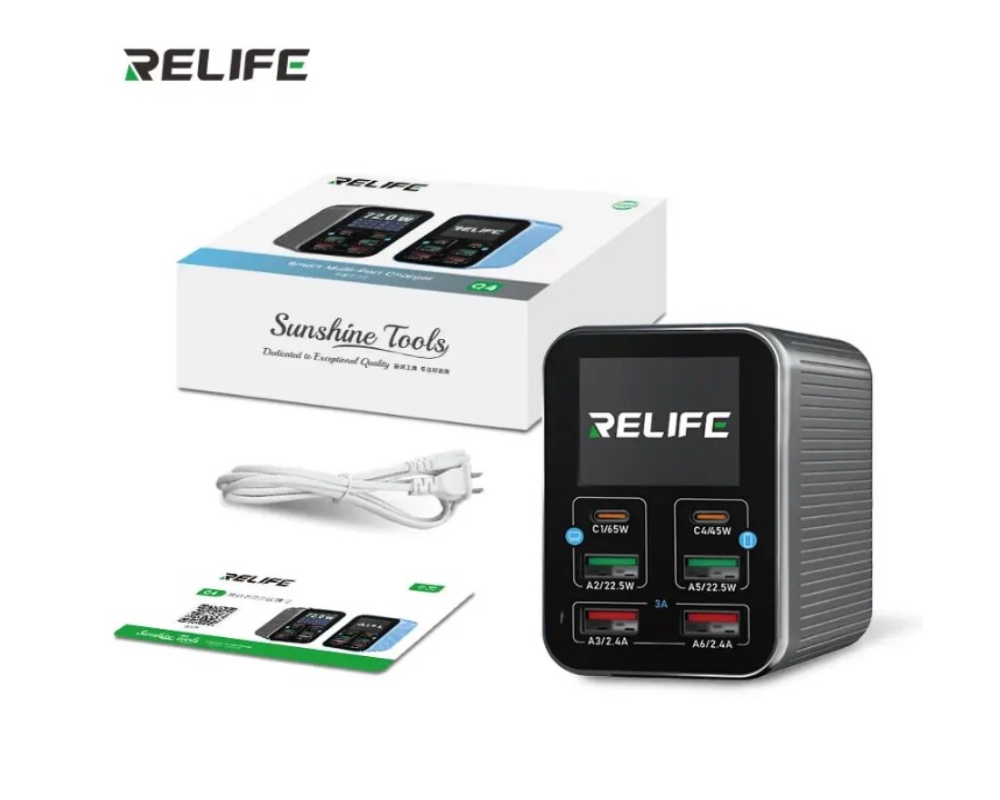 Блок зарядки - Relife Q4 (серый: 6 портов; 72 Вт; 2 PD; 2 QC 3.0; 2 USB)