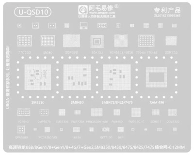 Трафарет - Amaoe "U-QSD10" Snapdragon  SM8450, 8475, SM8350, SMB1396, PM8350BH, SDR7.  0,12