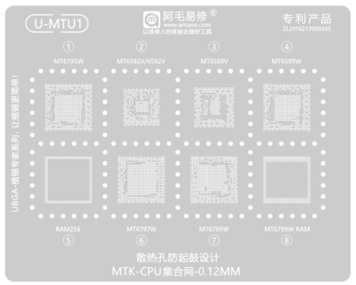 Трафарет - Amaoe "U-MTU1" Snapdragon  MT6795W, MT6852V, MT6582V, MT6589V, MT6595W, MT6797W, MT6799W.