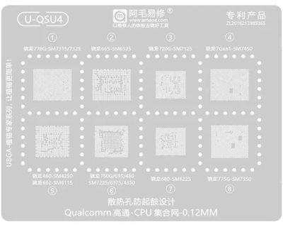 Трафарет - Amaoe "U-QSU4" Snapdragon  888, 870, 865, SM8450, 8550, 8475, SM8250, 8425.  0,12
